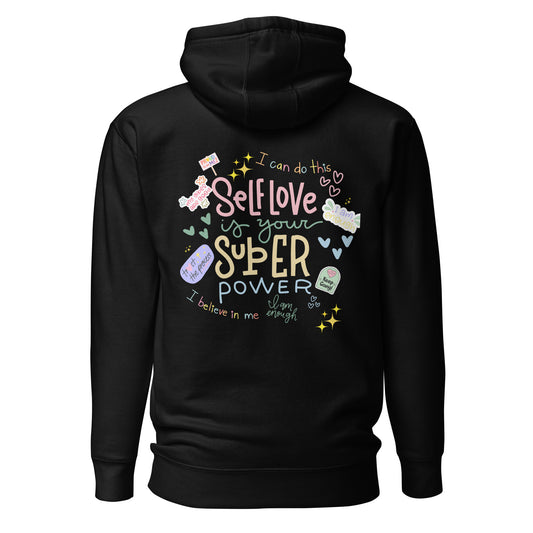 Self Love Hoodie – „Self Love is Your Superpower“ | Schwarzer Premium Hoodie mit Spruch