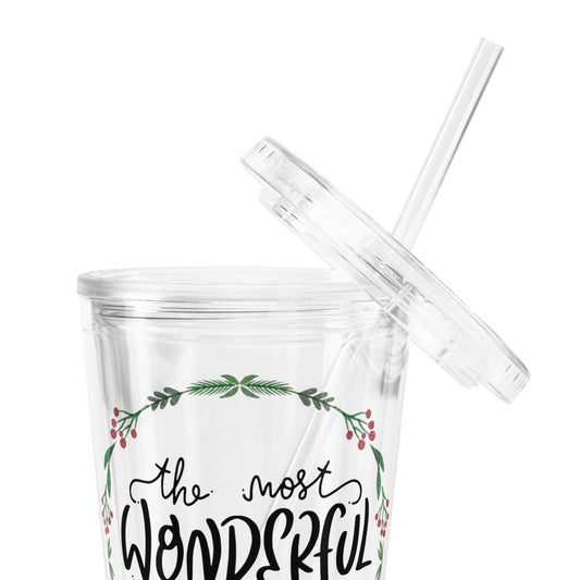 Weihnachtsbecher „The Most Wonderful Time of the Year“ – Acrylbecher mit Strohhalm