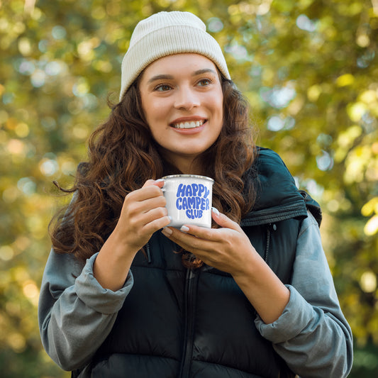 Tasse Happy Camper | blaues Design | Emailletasse