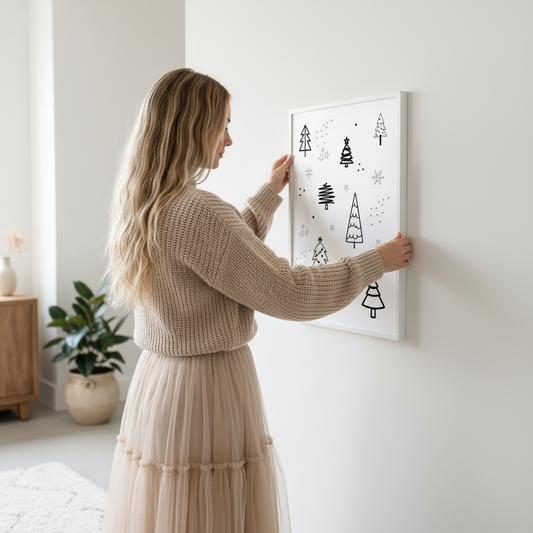 Minimalistisches Weihnachts-Poster Schwarz-Weiß – Skandinavische Tannen & Winter Symbole | Wolkenschoenshop