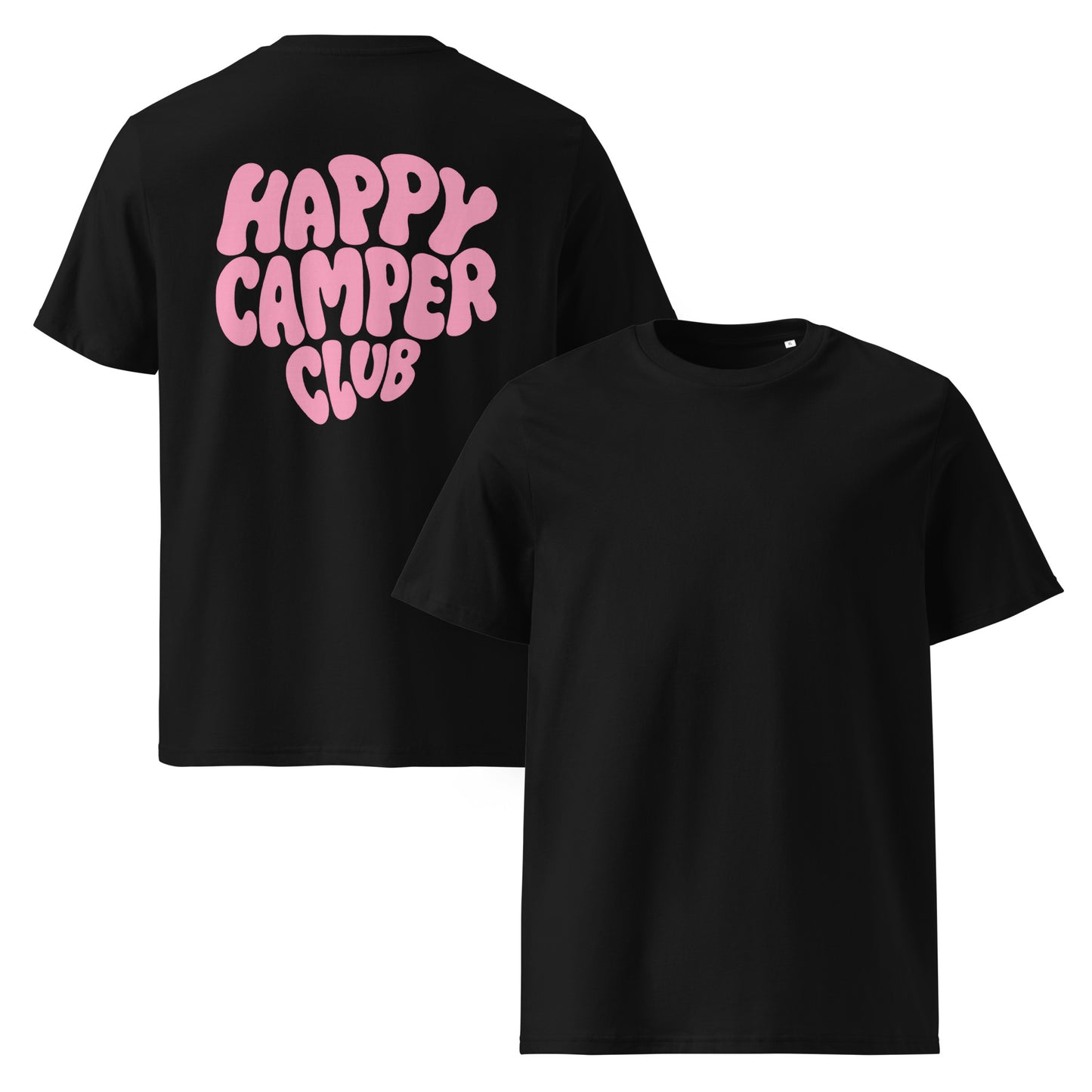Unisex-Bio-Baumwoll-Happy Camper Club T-Shirt | schwarzes Shirt mit pinkem Aufdruck