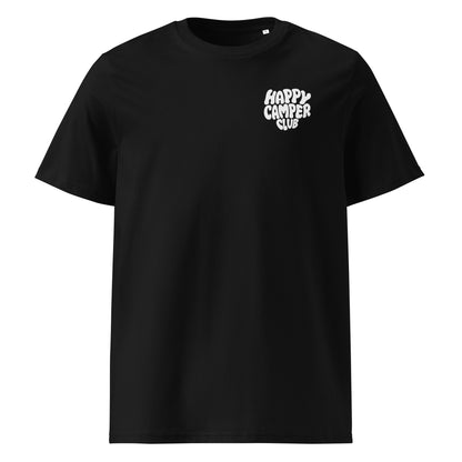 Schwarzes Happy Camper Club Unisex T-Shirt aus Bio-Baumwolle