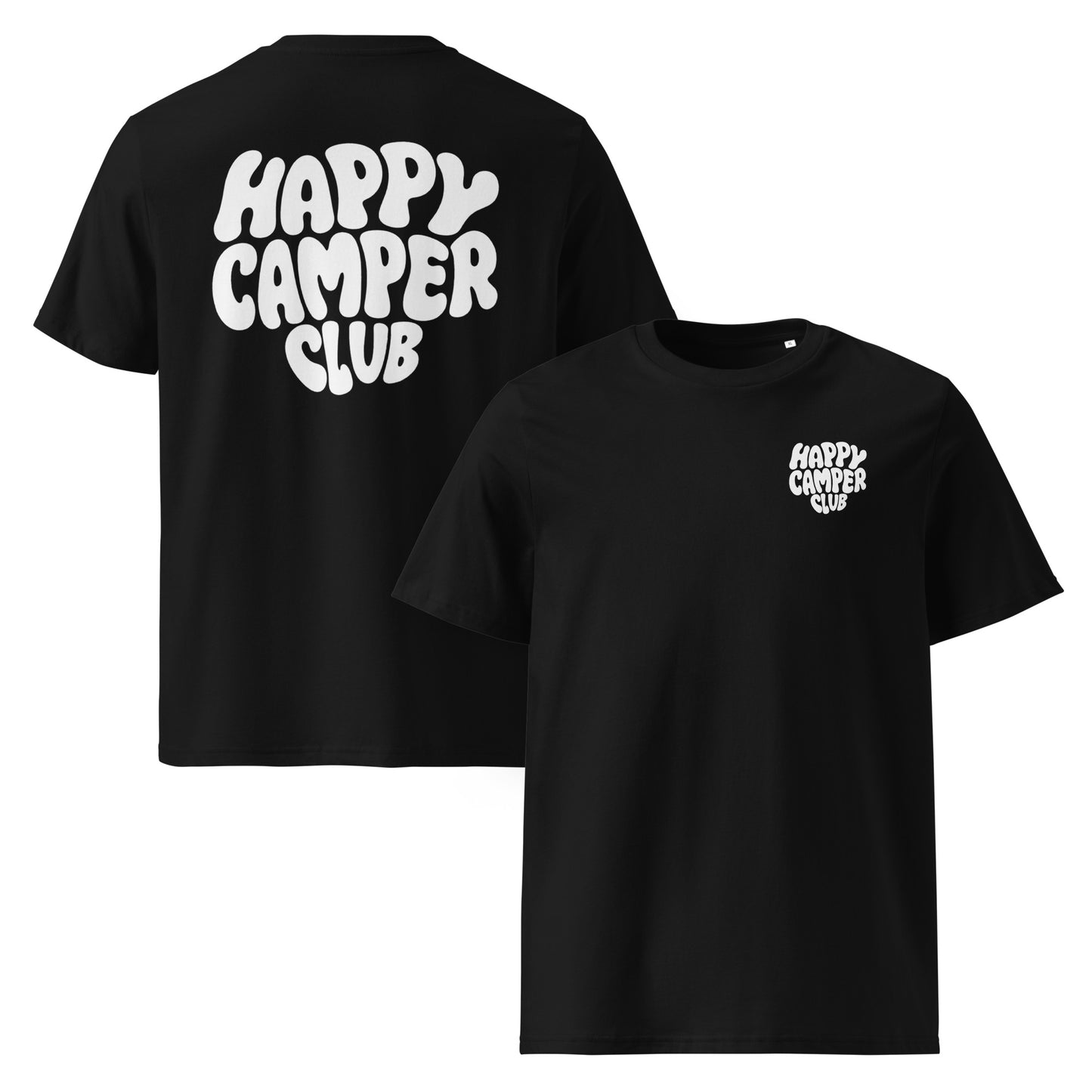 Schwarzes Happy Camper Club Unisex T-Shirt aus Bio-Baumwolle