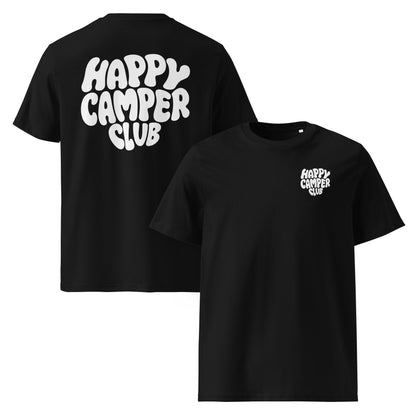 Schwarzes Happy Camper Club Unisex T-Shirt aus Bio-Baumwolle