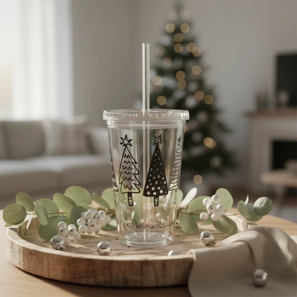 Weihnachtsbecher mit Deckel und Strohhalm | Weihnachtszauber