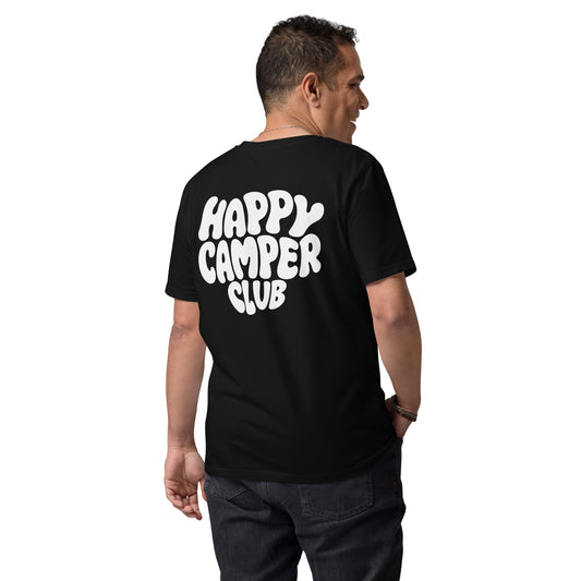 Schwarzes Happy Camper Club Unisex T-Shirt aus Bio-Baumwolle