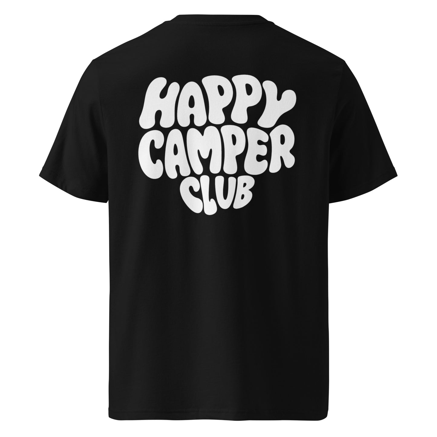 Schwarzes Happy Camper Club Unisex T-Shirt aus Bio-Baumwolle