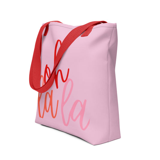Stoffbeutel | Oh La La Tote Bag – rosa Tasche mit rotem Schriftzug und Henkeln.