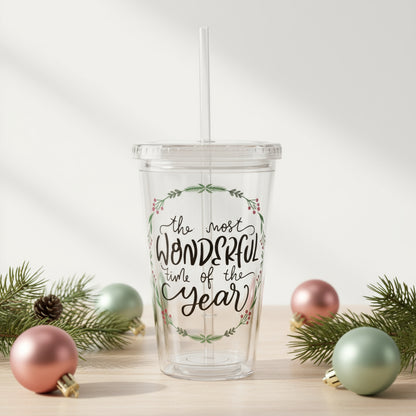 Weihnachtsbecher „The Most Wonderful Time of the Year“ – Acrylbecher mit Strohhalm