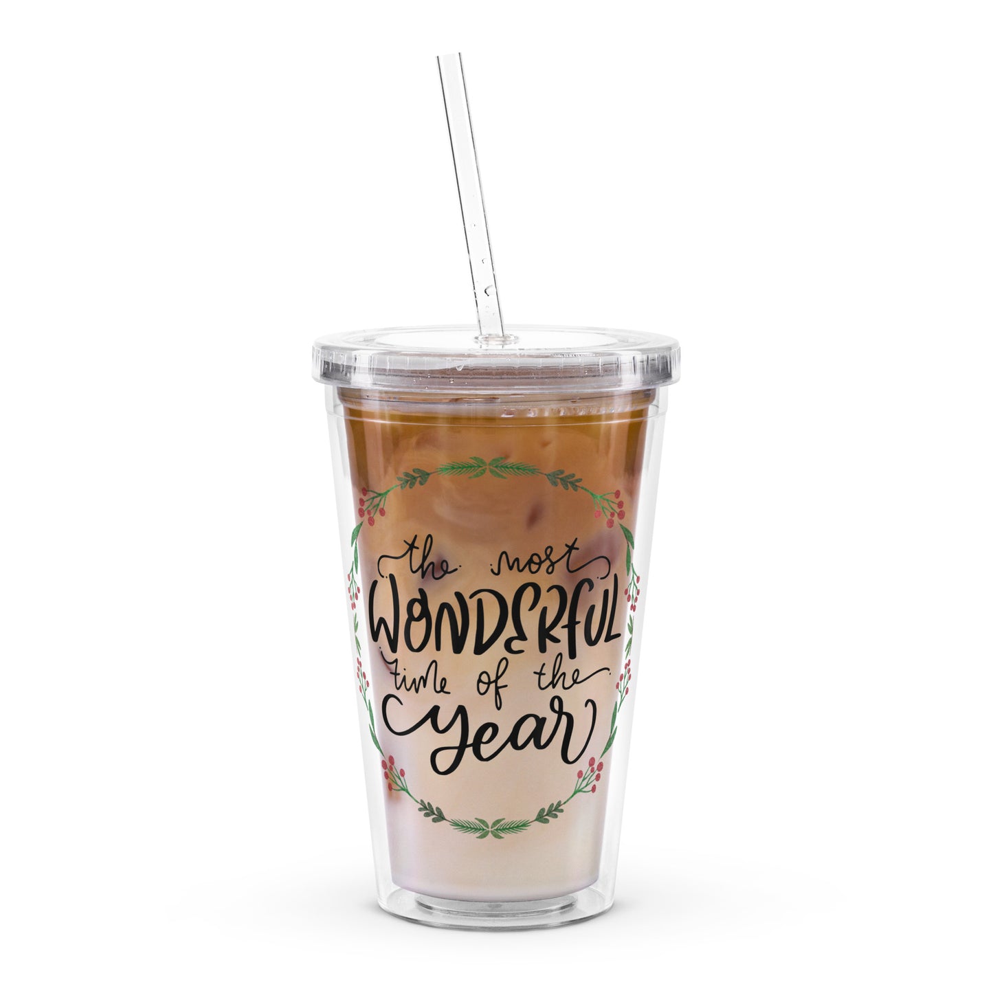 Weihnachtsbecher „The Most Wonderful Time of the Year“ – Acrylbecher mit Strohhalm