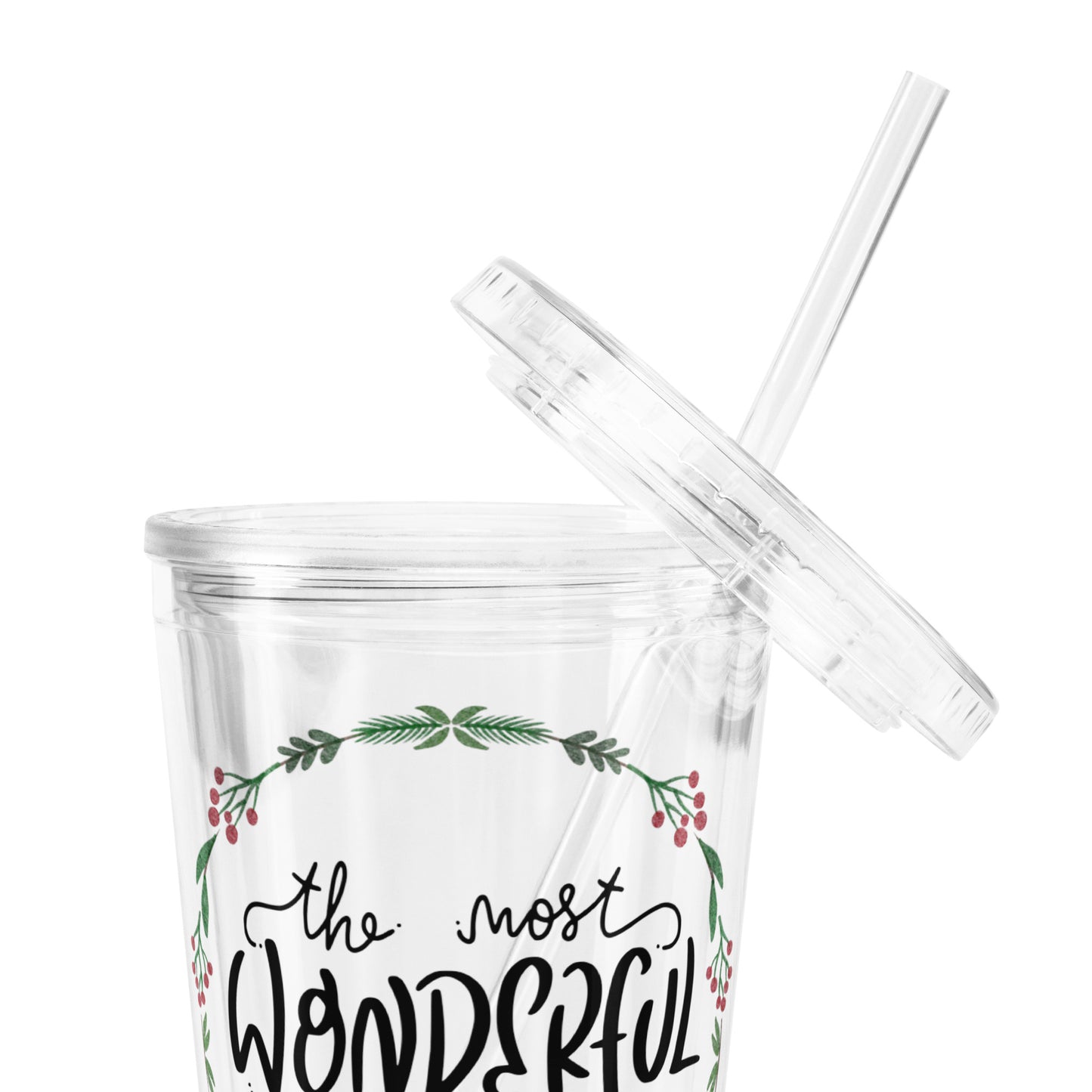 Weihnachtsbecher „The Most Wonderful Time of the Year“ – Acrylbecher mit Strohhalm