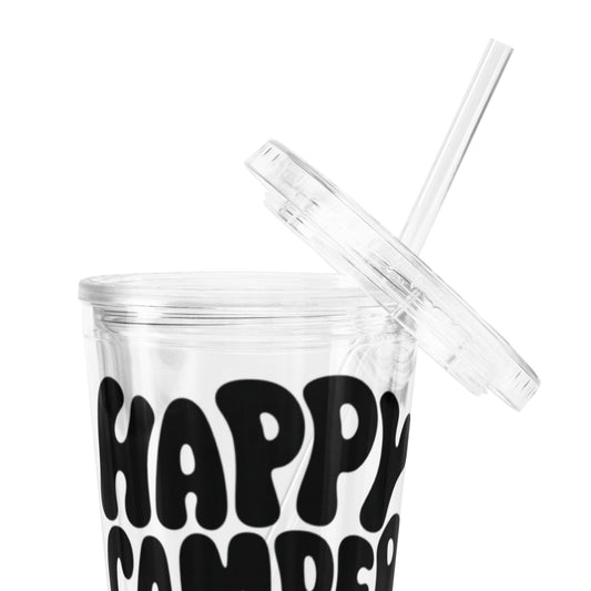 Happy Camper Club Trinkbecher Schwarz| Tumbler mit Deckel & Strohhalm | Camping & Vanlife