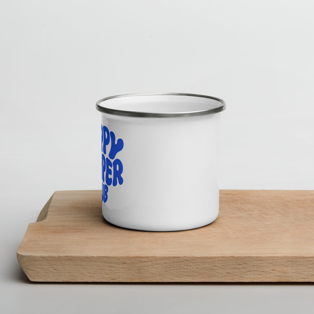Tasse Happy Camper | blaues Design | Emailletasse