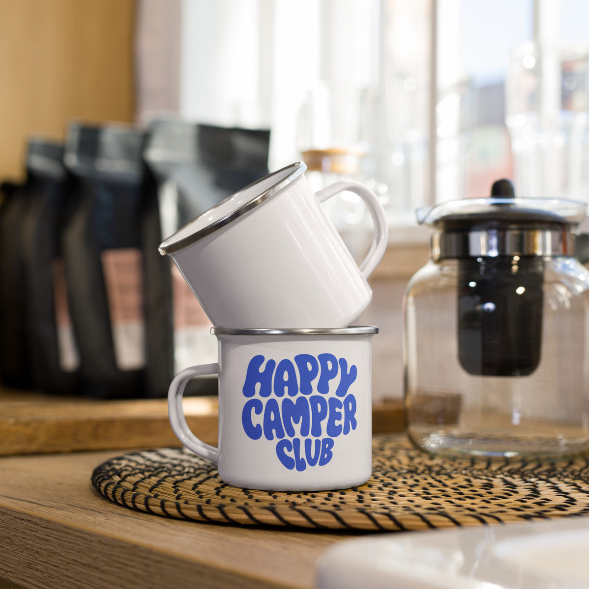 Tasse Happy Camper | blaues Design | Emailletasse