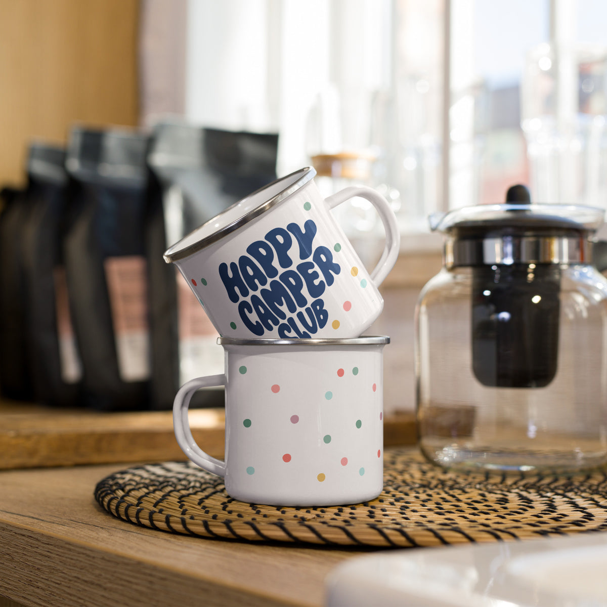 Happy Camper Club bunte Emailletasse BLAU
