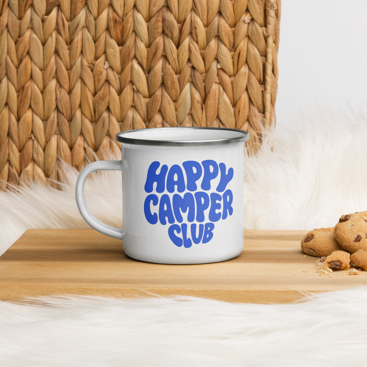 Tasse Happy Camper | blaues Design | Emailletasse