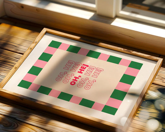 Poster „OH, HEJ“: Skandinavisches Design mit fröhlicher Typografie. Hochwertiger Kunstdruck auf mattem Premiumpapier