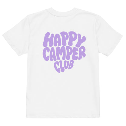 Bio-Baumwoll- Kids Happy Camper Club Shirt | weisses Shirt mit lila Rückenprint | Unisex