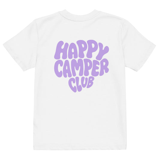 Bio-Baumwoll- Kids Happy Camper Club Shirt | weisses Shirt mit lila Rückenprint | Unisex