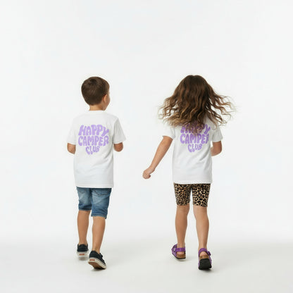 Bio-Baumwoll- Kids Happy Camper Club Shirt | weisses Shirt mit lila Rückenprint | Unisex