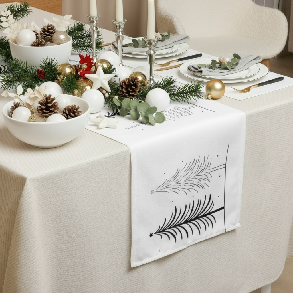 Tischläufer – Minimalistisches Weihnachtsdesign in Schwarz-Weiß