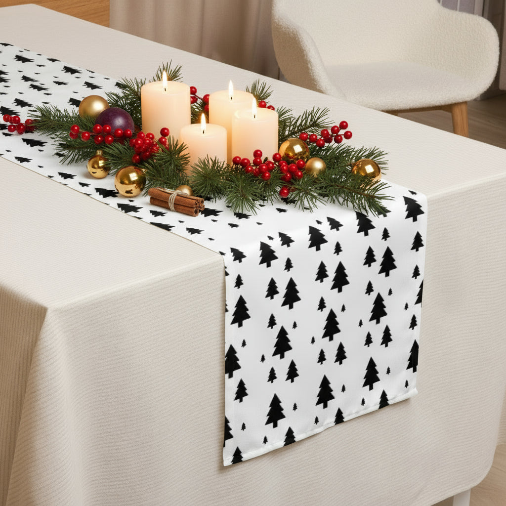Tischläufer Tannenmuster Schwarz-Weiß – Skandi Weihnachtsdeko
