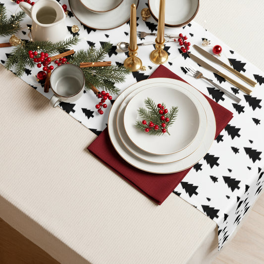 Tischläufer Tannenmuster Schwarz-Weiß – Skandi Weihnachtsdeko