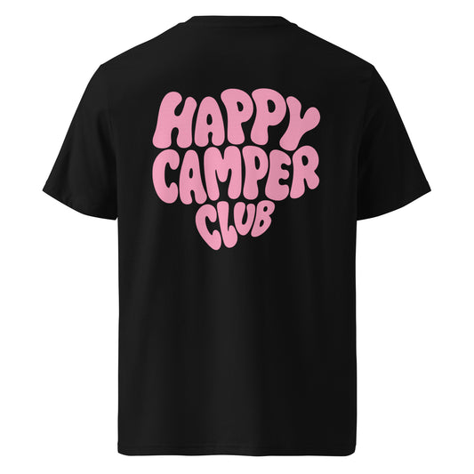 Unisex-Bio-Baumwoll-Happy Camper Club T-Shirt | schwarzes Shirt mit pinkem Aufdruck