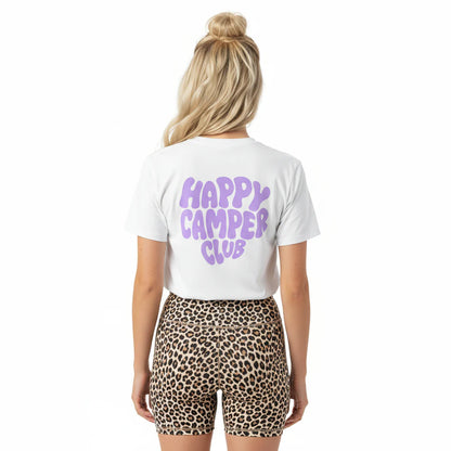 Unisex-Bio-Baumwoll Happy Camper Club T-Shirt | Lila Aufdruck beidseits